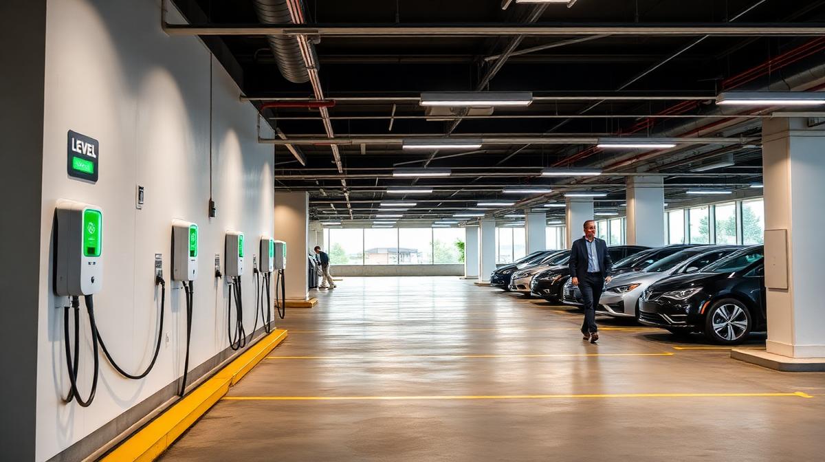 Office parking garage with Level 2 EV chargers installed